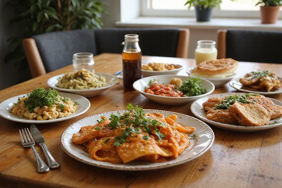 Tavola con diversi piatti sani e colorati