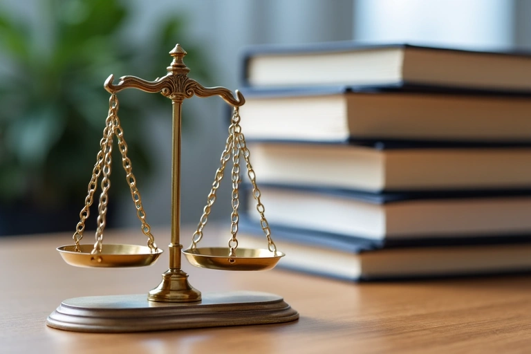 Simbolo di una bilancia della giustizia su un tavolo, con documenti legali sullo sfondo