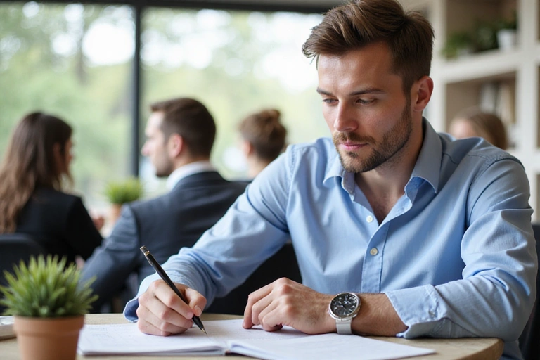 Uomo che legge un documento legale con attenzione