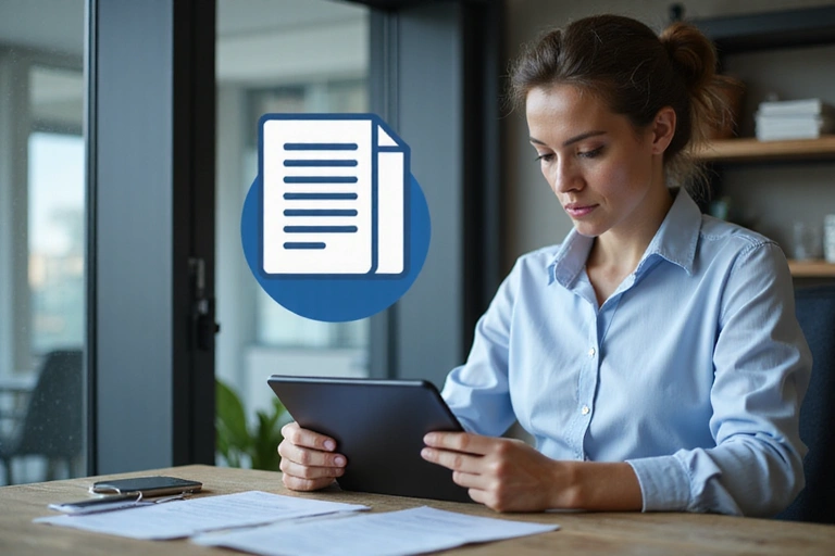 Persona che legge un documento legale su un tablet, simbolo di termini e condizioni.